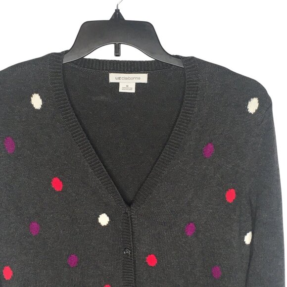 Preppy Cardigan Sweater Womens Medium Gray Button Front Polka Dot Pockets twee - Picture 3 of 13